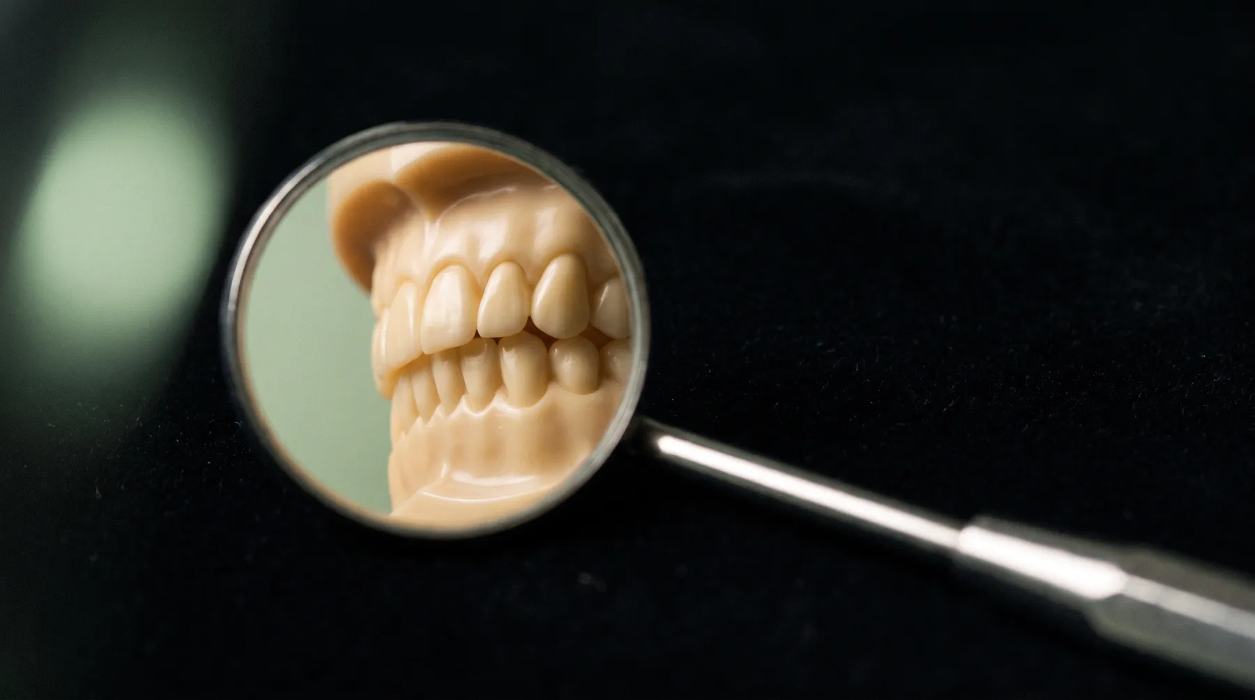 Miroir dentaire reflétant les dents d'un modèle d'étude
