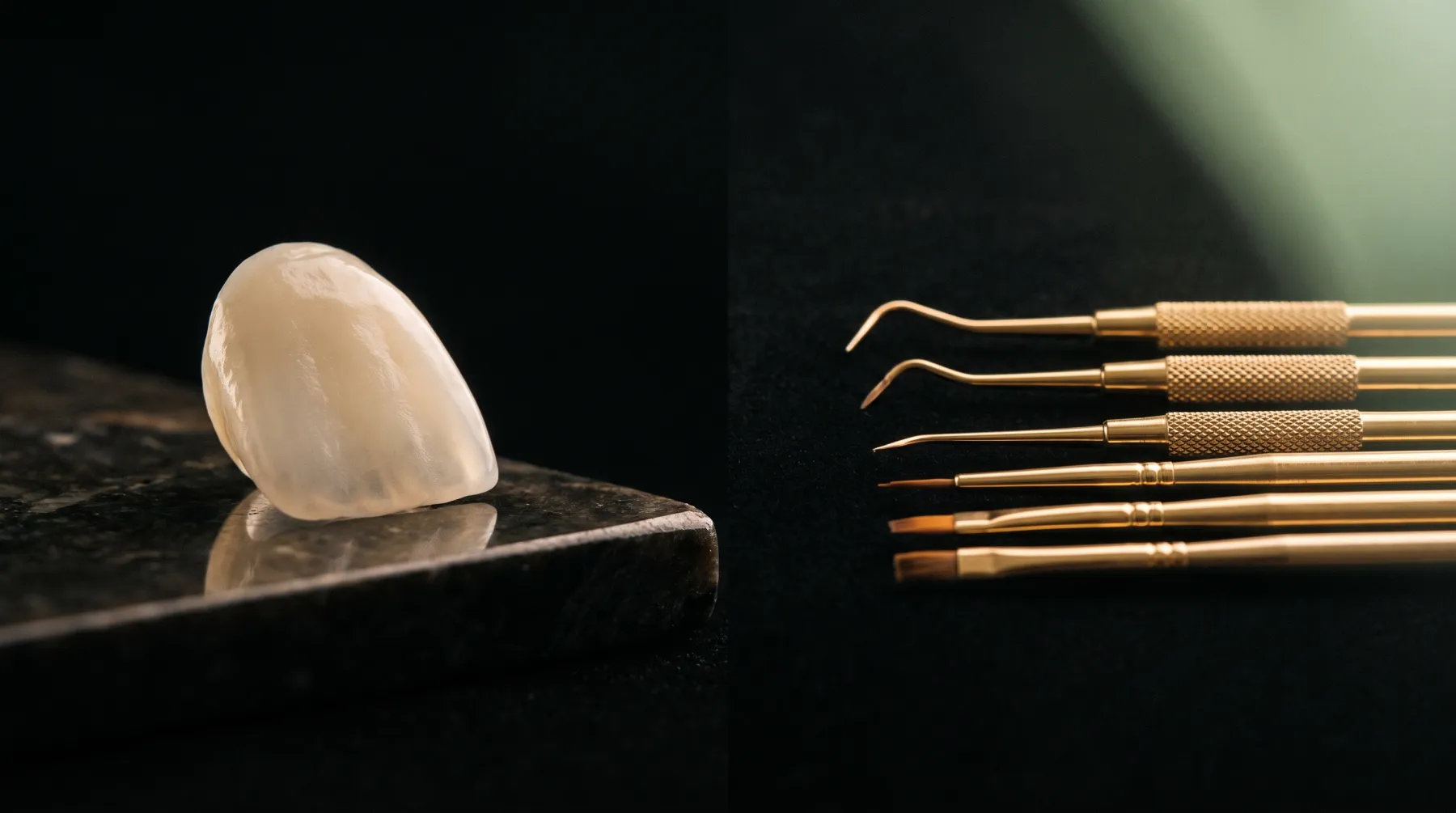 À gauche une facette en céramique posée sur une pierre noire, à droite les instruments de modelage d'un composite