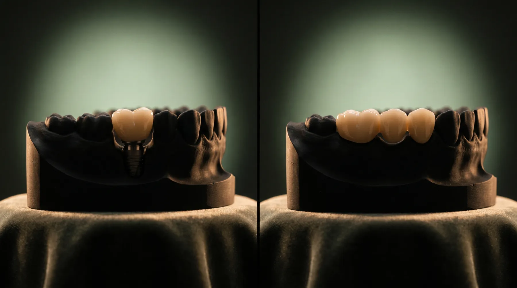 Deux modèles d'étude comparés : à gauche une couronne sur implant, à droite un bridge de trois éléments