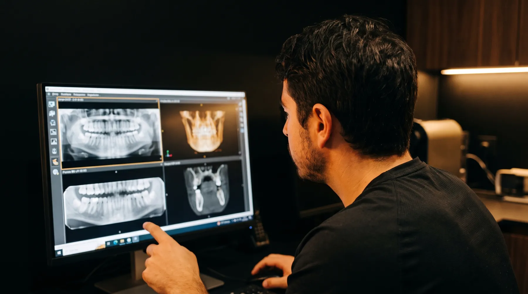 Le Dr Eliav Ayache examinant une radiographie panoramique et un examen 3D à l'écran