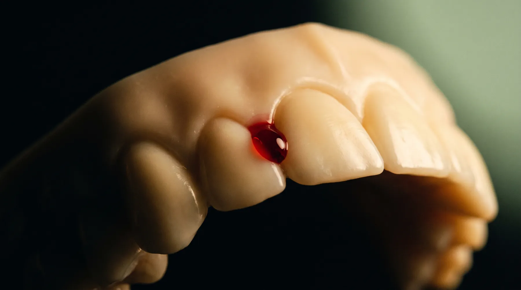 Modèle anatomique de gencive et de dents sur lequel perle une goutte rouge au collet d'une dent, figurant un saignement gingival