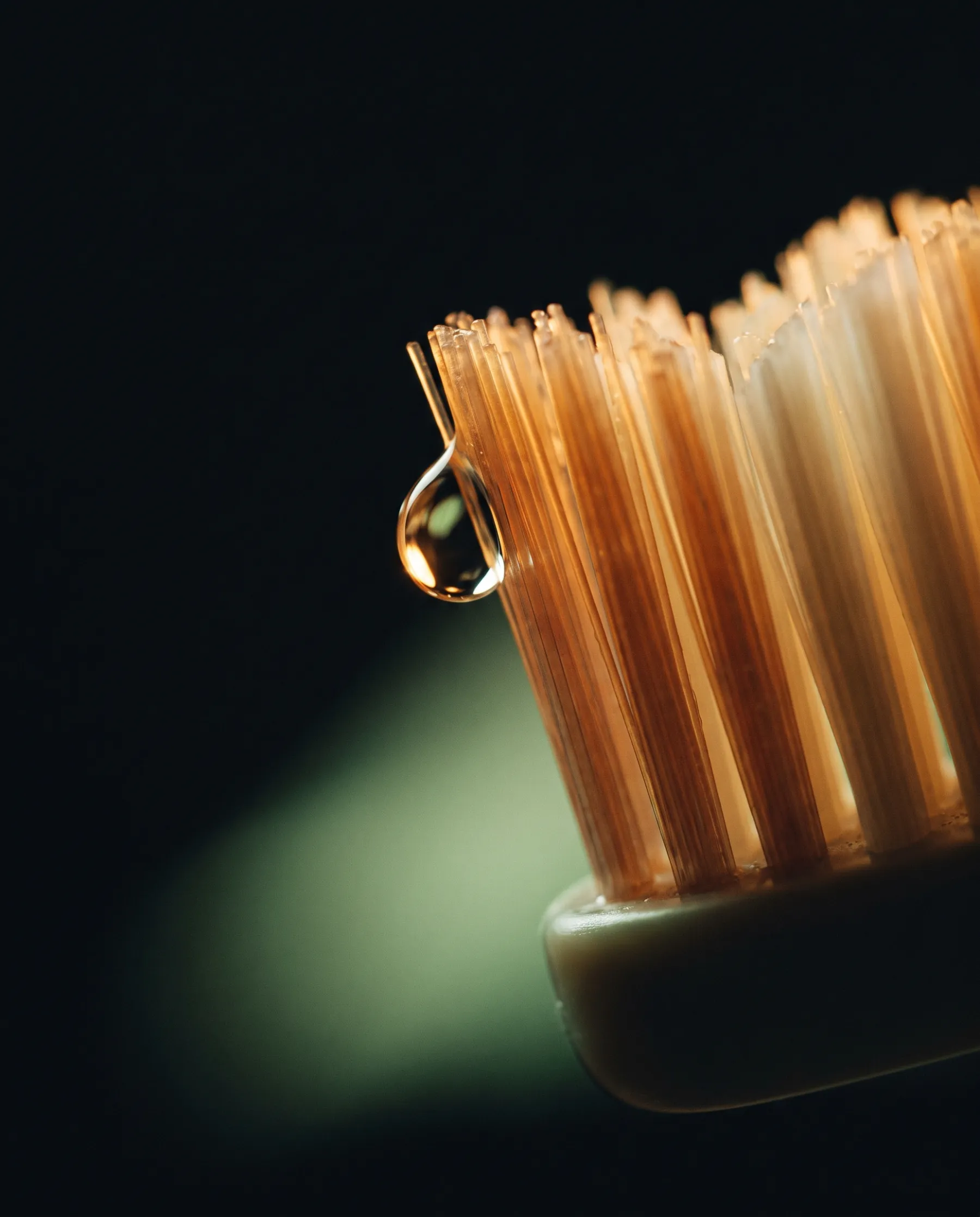 Gros plan macro sur les poils d'une brosse à dents souple, une goutte d'eau retenue entre les filaments