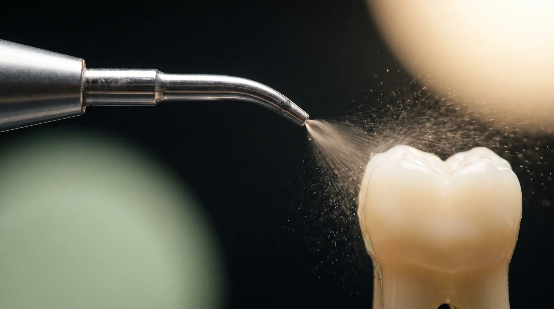 Insert à ultrasons projetant un fin brouillard d'eau sur une dent